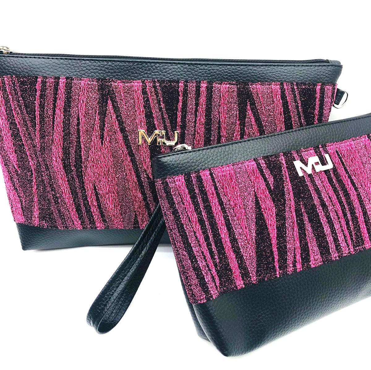 Coppia Borsa pochette striature fucsia