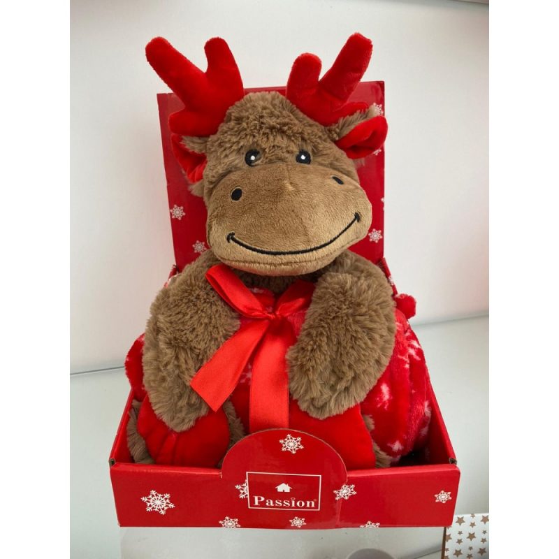 peluche renna natale con coperta in pile